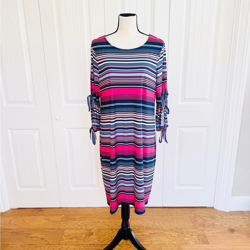 NWT Zoe + Phoebe Multi Color Striped Tie Sleeve Dress L Nautical Coastal Preppy - Picture 3 of 10